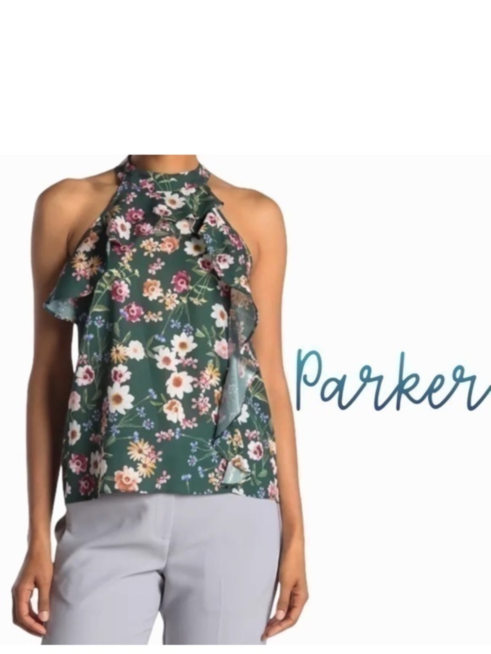 Parker Large multicolor Floral ruffle halter top Green Cacti